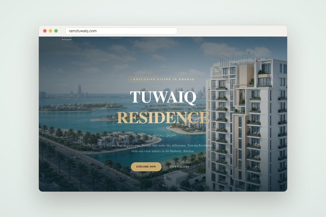 Ramz Tuwaiq website homepage on desktop: the Tuwaiq Residence hero over the twin sea-view towers