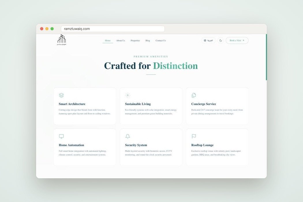 Ramz Tuwaiq website amenities section: Crafted for Distinction, with six amenity cards